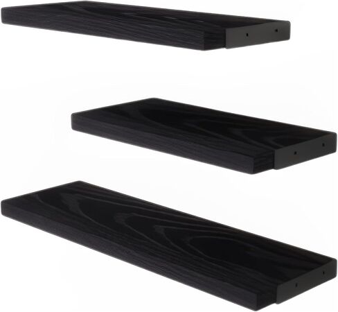 BAYKA Floating Shelves for Wall, Rustic Wood Wall Shelves for Living Room Wall Mounted, Hanging Shelving for Bathroom, Laundry Room, Small Shelf for Plants, Books(Black,Set of 3) in Saudi Arabia
