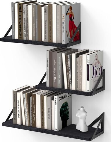 BAYKA Floating Shelves for Wall, Rustic Wood Wall Shelves for Living Room Wall Mounted, Hanging Shelving for Bathroom, Laundry Room, Small Shelf for Plants, Books(Black,Set of 3) in Saudi Arabia