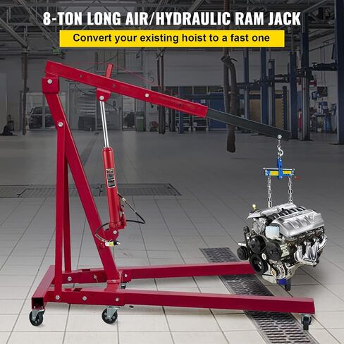 VEVOR Hydraulic/Pneumatic Long Ram Jack, 8 Tons/17363 lbs Capacity, with Single Piston Pump and Clevis Base, Manual Cherry Picker w/Handle, for Garage/Shop Cranes, Engine Lift Hoist, Red in Saudi Arabia