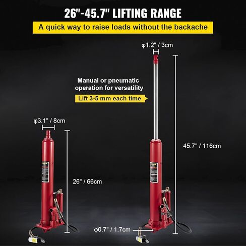 VEVOR Hydraulic/Pneumatic Long Ram Jack, 8 Tons/17363 lbs Capacity, with Single Piston Pump and Clevis Base, Manual Cherry Picker w/Handle, for Garage/Shop Cranes, Engine Lift Hoist, Red in Saudi Arabia