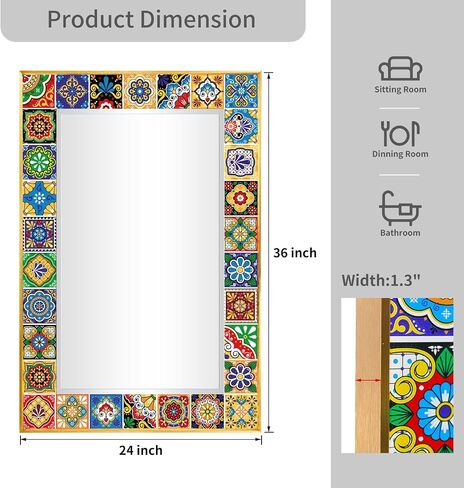 Mosaic Mirror 24x36inch Vintage Style Wall Mirror, Handmade Glass Tiles Moroccan Mirror for Home Decor, Boho Chic Accent Mirror for Living Room,Bathroom,Vanity in Saudi Arabia