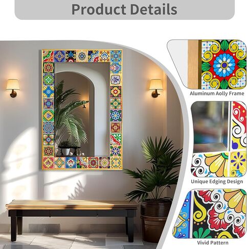 Mosaic Mirror 24x36inch Vintage Style Wall Mirror, Handmade Glass Tiles Moroccan Mirror for Home Decor, Boho Chic Accent Mirror for Living Room,Bathroom,Vanity in Saudi Arabia