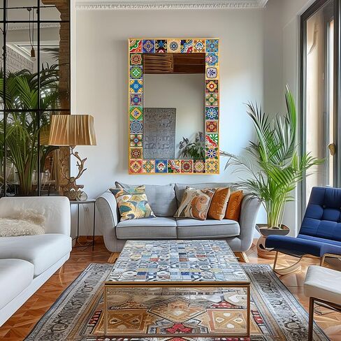 Mosaic Mirror 24x36inch Vintage Style Wall Mirror, Handmade Glass Tiles Moroccan Mirror for Home Decor, Boho Chic Accent Mirror for Living Room,Bathroom,Vanity in Saudi Arabia