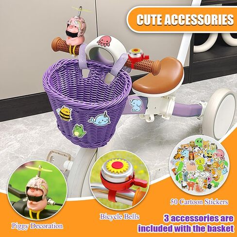 سلة دراجة للأطفال، سلال دراجة للأولاد والبنات، سلة دراجة مقود مع جرس دراجة لإكسسوارات الدراجة للفتيات، سلة دراجة أمامية لدراجة الأطفال أو السكوتر (أرجواني) in Kuwait