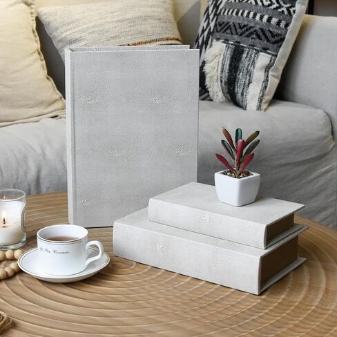 Ivory Shagreen Wooden Fake Book Box Set of 3 Modern Decorative Keepsake Boxes, Stackable Storage Boxes With Magnetic Closure For Home Decor Womens Mens Jewelry Organizer in Saudi Arabia