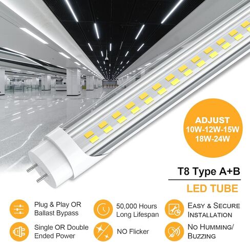 مصابيح T8 T12 LED الأنبوبية 4 أقدام، 5 طاقة (10 وات - 24 وات) و 6 CCT (3000 ك - 6500 ك) الكل في 1، التوصيل والتشغيل أو تجاوز الصابورة، استبدال أنبوب الفلورسنت T8 4 قدم، أنبوب إضاءة متين من النوع A+B، ETL DLC (6 عبوات) in Saudi Arabia