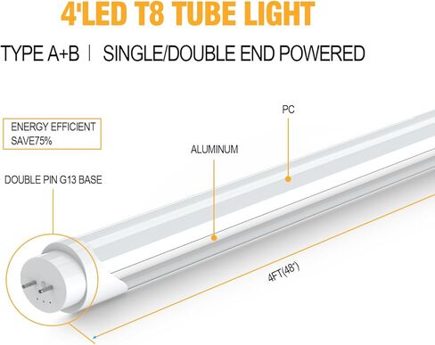 مصابيح T8 T12 LED الأنبوبية 4 أقدام، 5 طاقة (10 وات - 24 وات) و 6 CCT (3000 ك - 6500 ك) الكل في 1، التوصيل والتشغيل أو تجاوز الصابورة، استبدال أنبوب الفلورسنت T8 4 قدم، أنبوب إضاءة متين من النوع A+B، ETL DLC (6 عبوات) in Saudi Arabia