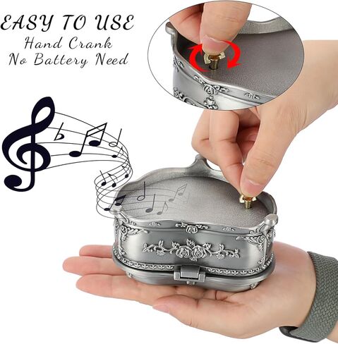 صندوق موسيقى عتيق من ELLDOO، صندوق مجوهرات موسيقي على شكل قلب معدني فضي، صندوق تذكار، صندوق تخزين مجوهرات صغير هدية للفتيات والنساء (اللحن: You are My Sunshine) in Kuwait