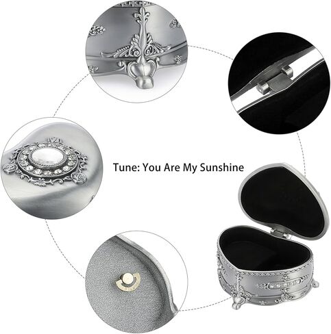صندوق موسيقى عتيق من ELLDOO، صندوق مجوهرات موسيقي على شكل قلب معدني فضي، صندوق تذكار، صندوق تخزين مجوهرات صغير هدية للفتيات والنساء (اللحن: You are My Sunshine) in Kuwait