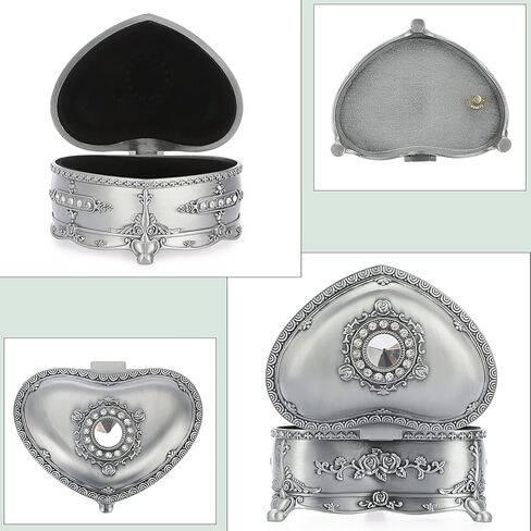 صندوق موسيقى عتيق من ELLDOO، صندوق مجوهرات موسيقي على شكل قلب معدني فضي، صندوق تذكار، صندوق تخزين مجوهرات صغير هدية للفتيات والنساء (اللحن: You are My Sunshine) in Kuwait