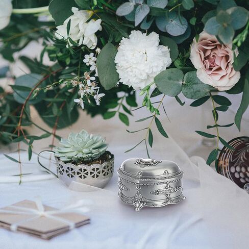 صندوق موسيقى عتيق من ELLDOO، صندوق مجوهرات موسيقي على شكل قلب معدني فضي، صندوق تذكار، صندوق تخزين مجوهرات صغير هدية للفتيات والنساء (اللحن: You are My Sunshine) in Kuwait