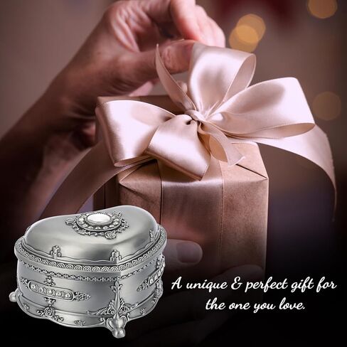 صندوق موسيقى عتيق من ELLDOO، صندوق مجوهرات موسيقي على شكل قلب معدني فضي، صندوق تذكار، صندوق تخزين مجوهرات صغير هدية للفتيات والنساء (اللحن: You are My Sunshine) in Kuwait