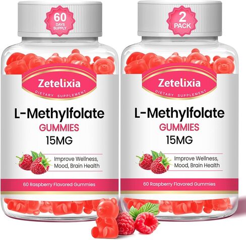 2 Pack L-Methylfolate 15mg Gummies, Folate & Vitamin B12 Supplement for Adult, Active Folic Acid Supplement for Brain, Mood, Immune Support, Vegan, Non-GMO, Raspberry Flavor, 120 Count in Saudi Arabia