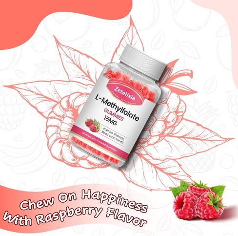 2 Pack L-Methylfolate 15mg Gummies, Folate & Vitamin B12 Supplement for Adult, Active Folic Acid Supplement for Brain, Mood, Immune Support, Vegan, Non-GMO, Raspberry Flavor, 120 Count in Saudi Arabia