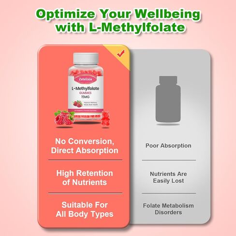 2 Pack L-Methylfolate 15mg Gummies, Folate & Vitamin B12 Supplement for Adult, Active Folic Acid Supplement for Brain, Mood, Immune Support, Vegan, Non-GMO, Raspberry Flavor, 120 Count in Saudi Arabia