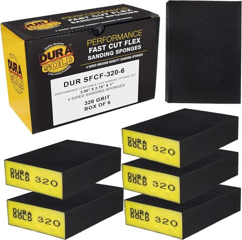 إسفنجة صنفرة يدوية بأربعة جوانب من Dura-Gold، 320 حبيبة، صندوق مكون من 6 قطع - أداء مرن 3.9 بوصة × 2.75 بوصة × 1 بوصة، وسادات من الطوب الكاشطة من ورق الصنفرة المرن الرطب أو الجاف، قابلة لإعادة الاستخدام - خشب رملي، جدار جاف، معدن، طلاء تلقائي in Kuwait