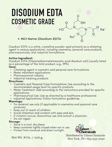 مسحوق ثنائي الصوديوم EDTA لمستحضرات التجميل بدرجة 8 أونصة / 226 جرامًا - عامل خالب عضوي للأغراض الصناعية ومستحضرات التجميل والمختبرات - تعمل عملية إزالة معدن ثقيل Edta على تثبيت التركيبات وتعزيز الأداء in Kuwait