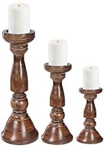 حامل شموع خشبي، حامل شموع، حامل شموع خشبي، حامل شموع عمود، حاملات شموع طويلة، حامل شموع المزرعة، مجموعة حامل شموع مكونة من 3 قطع، حامل شموع عمود خشبي، الارتفاع (16+14+12) بوصة محروقة in Kuwait