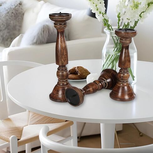 حامل شموع خشبي، حامل شموع، حامل شموع خشبي، حامل شموع عمود، حاملات شموع طويلة، حامل شموع المزرعة، مجموعة حامل شموع مكونة من 3 قطع، حامل شموع عمود خشبي، الارتفاع (16+14+12) بوصة محروقة in Kuwait