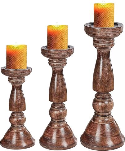 حامل شموع خشبي، حامل شموع، حامل شموع خشبي، حامل شموع عمود، حاملات شموع طويلة، حامل شموع المزرعة، مجموعة حامل شموع مكونة من 3 قطع، حامل شموع عمود خشبي، الارتفاع (16+14+12) بوصة محروقة in Kuwait