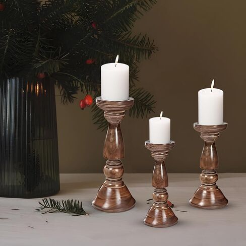 حامل شموع خشبي، حامل شموع، حامل شموع خشبي، حامل شموع عمود، حاملات شموع طويلة، حامل شموع المزرعة، مجموعة حامل شموع مكونة من 3 قطع، حامل شموع عمود خشبي، الارتفاع (16+14+12) بوصة محروقة in Kuwait