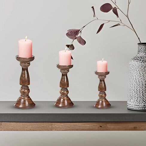 حامل شموع خشبي، حامل شموع، حامل شموع خشبي، حامل شموع عمود، حاملات شموع طويلة، حامل شموع المزرعة، مجموعة حامل شموع مكونة من 3 قطع، حامل شموع عمود خشبي، الارتفاع (16+14+12) بوصة محروقة in Kuwait
