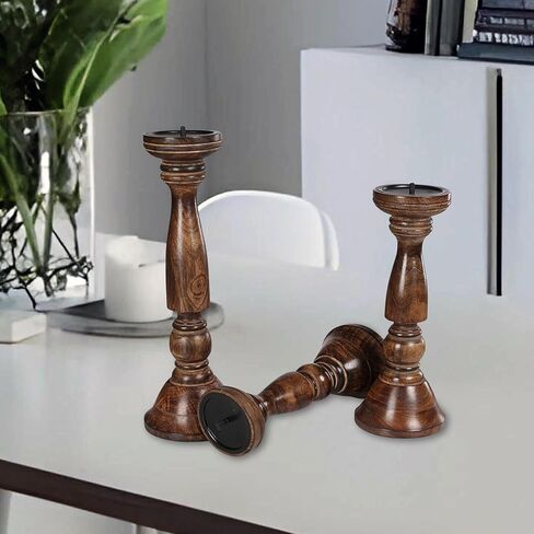 حامل شموع خشبي، حامل شموع، حامل شموع خشبي، حامل شموع عمود، حاملات شموع طويلة، حامل شموع المزرعة، مجموعة حامل شموع مكونة من 3 قطع، حامل شموع عمود خشبي، الارتفاع (16+14+12) بوصة محروقة in Kuwait