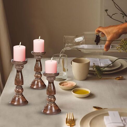 حامل شموع خشبي، حامل شموع، حامل شموع خشبي، حامل شموع عمود، حاملات شموع طويلة، حامل شموع المزرعة، مجموعة حامل شموع مكونة من 3 قطع، حامل شموع عمود خشبي، الارتفاع (16+14+12) بوصة محروقة in Kuwait