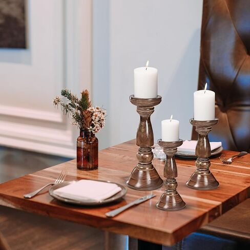 حامل شموع خشبي، حامل شموع، حامل شموع خشبي، حامل شموع عمود، حاملات شموع طويلة، حامل شموع المزرعة، مجموعة حامل شموع مكونة من 3 قطع، حامل شموع عمود خشبي، الارتفاع (16+14+12) بوصة محروقة in Kuwait