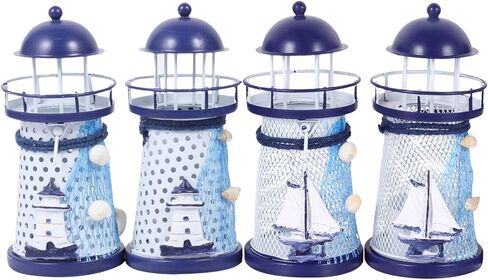 KESYOO ديكور بحري 4 قطع منارة بحرية حامل شموع حامل شمع على طراز البحر الأبيض المتوسط ​​حامل شمعدان معدني للمنزل والمقهى وديكور المنارة الزرقاء in Kuwait