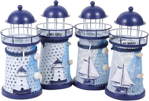 KESYOO ديكور بحري 4 قطع منارة بحرية حامل شموع حامل شمع على طراز البحر الأبيض المتوسط ​​حامل شمعدان معدني للمنزل والمقهى وديكور المنارة الزرقاء in Kuwait