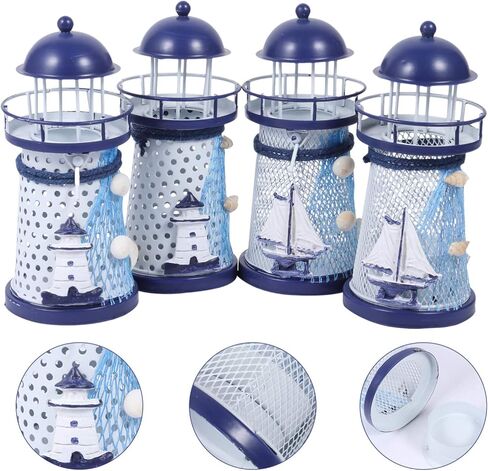 KESYOO ديكور بحري 4 قطع منارة بحرية حامل شموع حامل شمع على طراز البحر الأبيض المتوسط ​​حامل شمعدان معدني للمنزل والمقهى وديكور المنارة الزرقاء in Kuwait