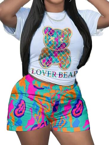 Flamingals Women's 2 Piece Outfit Bear Letter Print Round Neck T-Shirt Skinny Leg Shorts Set Casual Set in Saudi Arabia