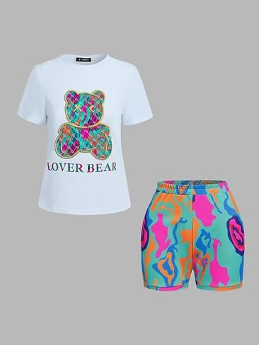 Flamingals Women's 2 Piece Outfit Bear Letter Print Round Neck T-Shirt Skinny Leg Shorts Set Casual Set in Saudi Arabia