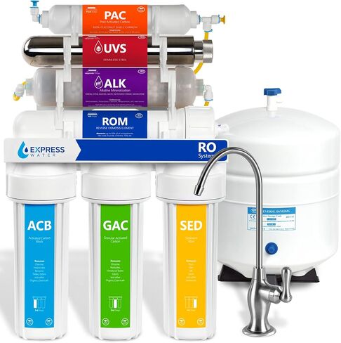 نظام تنقية المياه بالتناضح العكسي للأشعة فوق البنفسجية من EXPRESS WATER - فلتر مياه للأشعة فوق البنفسجية 11 مرحلة مع صنبور وخزان - فلتر مياه تحت الحوض مع فلتر قلوي لإضافة المعادن الأساسية 100 الناتج المحلي الإجمالي in Kuwait
