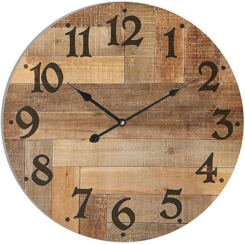 24'' Round Wall Clock, Retro Non-Ticking Wall Clocks Woodgrain Spray Painting Rustic Farmhouse Clock Silent Clocks for Kitchen Living Room Wood Clock in Saudi Arabia