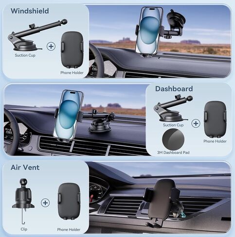 Car Phone Holder[Military-Grade 360°Suction Cup]Phone Holders for Your Car Universal Accessories Air Vent Dashboard Windshield Phone Mount Automotive Cradles Fit for iPhone Android Smartphone in Saudi Arabia