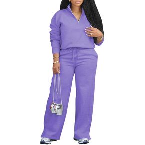 PINSV Women's 2 Piece Outfits Lapel Half Zip Sweatshirts Wide Leg Sweatpant Set Sweatsuit Tracksuit