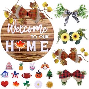 Welcome Sign for Front Door,Interchangeable Welcome Sign with 4 Seasonal Wreaths and 14 Holiday Icons for Front Door Decor, Porch Wall, Home Outdoor Holiday Decorations