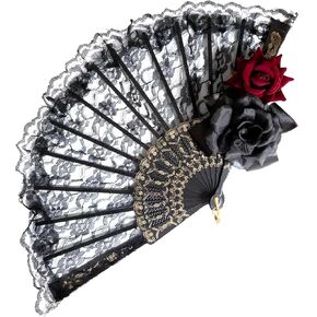 Furimuk Halloween Black Lace Hand Fan Vintage Handheld Spanish Large Folding Fan with Retro Rose or Women Girls Halloween Party Cosplay Costume Elegant Photo Props Decorations