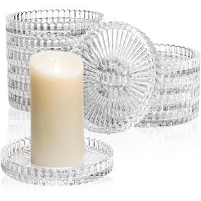 Elsjoy 12 Pack 4 Inch Glass Pillar Candle Holder Plate, Round Clear Glass Candle Tray Ribbed Pillar Candle Coaster, Modern Pillar Candle Dish Small Candle Stand for Wedding, Party, Table Centerpiece
