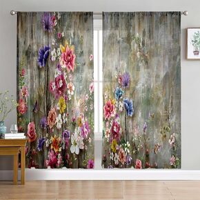 Oil Painting Colorful Floral Butterfly Rod Pocket Light-Filtering Curtains, Pink Purple Blooming Flowers Background Window Drapes for Living Room Bedroom, 42" × 63", Set of 2 Panels