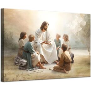 SUAXTCCR Jesus With Children Canvas Wall Art Jesus Teaching Children Watercolor Prints Religious Faith Wall Decor Pictures for Kids Room Bedroom Church Decorations, 16x24in