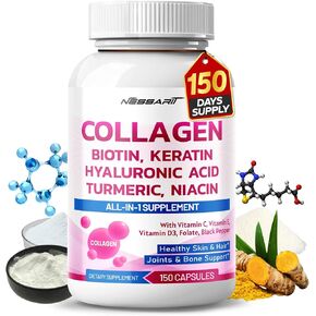 Collagen Supplement - 14-in-1 Natural Blend with Biotin Keratin Hyaluronic Acid Turmeric Niacin Folate Vitamin C, D, E - 150 Count - Made & Tested in The USA