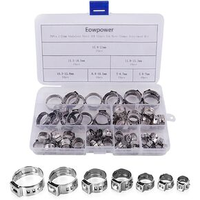 Eowpower 70 Pieces 7-21 mm Stainless Steel 304 Single Ear Hose Clamps Assortment Kit