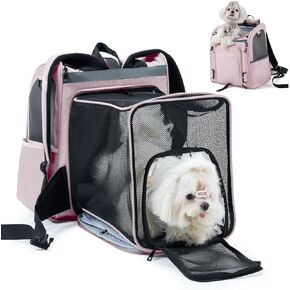Expandable Pet Carrier Backpack for Cat and Small Medium Puppy Dog, Fits up to 13 lbs, Airline-Approved Foldable and Detachable Backpack with Safety Leash and Lock Zipper (Pink)