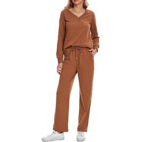 Women's 2 Piece Outfits Lounge Set Sweatsuit Tracksuit V Neck Long Sleeve Slit Hem Top Wide Leg Pants Loungewear Light Brown L