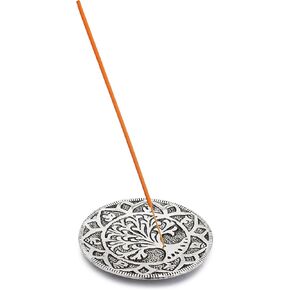 Ajuny Aluminum Round Incense Sticks Holder Burner with Ash Catcher Tibetan Style Tree Mantra Carved Incense Holder Meditation Accessories Spiritual Home Décor (Silver Finish, 10.5 cm)