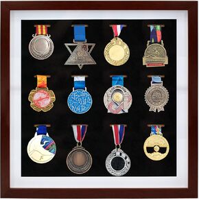 16x16 Inch Medal Display Shadow Box Frame, 12 Medals Display Case, 3D Wooden Medal Box Frame for Runners Marathon Triathlon Soccer Gymnastics All Sports Award Insignia (Walnut Finish)