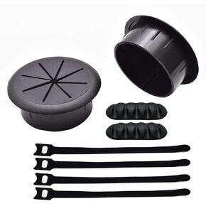 2-3/8 Inch(60mm) Black Flexible Desk Hole Cover Grommets and Cable Organizer Kits for Desktop Equipment Wiring Management and Protection (2pcs Desk Grommets + 2pcs 5 Slots Clips + 4pcs Reusable Ties)
